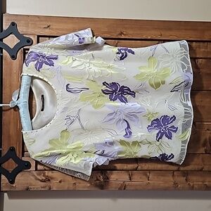 Jacques Vert Cream Purple Green Floral Flutter Sleeve Flowy Top Size 16